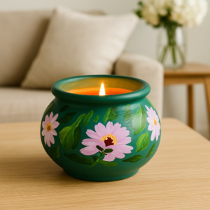 Hand-painted terracotta candle holder with pink floral artwork and lit candle