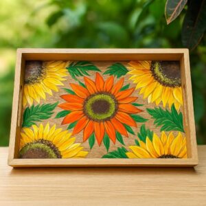 Hand-painted wooden tray featuring sunflower artwork in yellow, orange, and green tones.