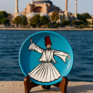 Hand-painted terracotta decorative plate featuring a dancing Sufi n a blue background for wall and table décor