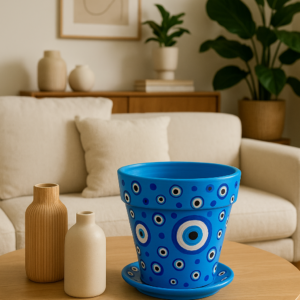 Hand-painted blue terracotta planter with evil eye pattern and matching saucer for indoor plants and home décor