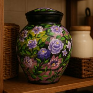Hand-painted terracotta lidded jar with purple and pink floral design, suitable as a decorative keepsake urn