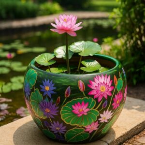 Hand-painted terracotta water lily bowl featuring pink lilies and lily pads for gardens, patios, ponds, and decorative displays
