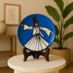 Hand-painted blue terracotta plate featuring a whirling dervish dancer, decorative Sufi-inspired home décor