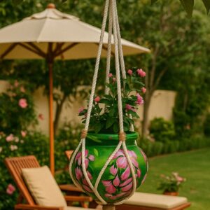 Hand-painted hanging terracotta planter with pink floral artwork in a macramé hanger for indoor and outdoor décor