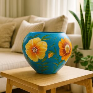Hand-painted terracotta pot featuring golden poppy flowers on a turquoise blue background