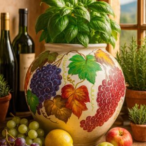Hand-painted decorative planter featuring grape clusters, vine leaves and vineyard-inspired artwork