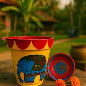 Hand-painted terracotta planter featuring a blue elephant design with matching saucer