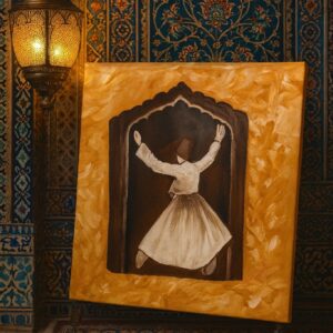 Hand-painted canvas of a whirling dervish Sufi figure in gold and sepia