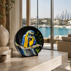 Hand-painted 6-inch terracotta plate featuring a blue and yellow macaw bird on a black background, decorative handmade home décor