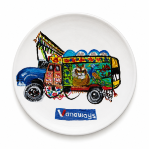 Custom hand-painted corporate gift plate featuring Pakistani truck art with company branding