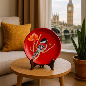 Hand-painted red terracotta decorative plate featuring a songbird perched on a flowering branch