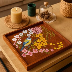 Hand-painted wooden serving tray featuring a blue bird surrounded by pink and yellow flowers.