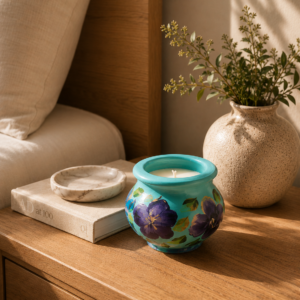 Hand-painted Teal terracotta candle pot with purple pansy floral design