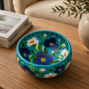 Hand-painted terracotta trinket bowl with purple floral design for rings, jewellery and small keepsakes