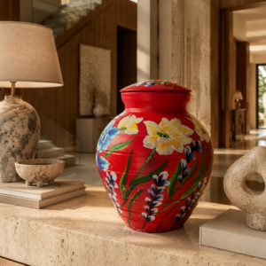 Hand-painted red terracotta lidded jar urn with floral design
