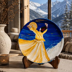 Hand-painted Sufi terracotta decorative plate featuring a whirling dervish against a mountain landscape