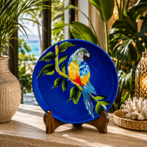 Hand-painted blue terracotta decorative plate featuring a macaw perched on a branch