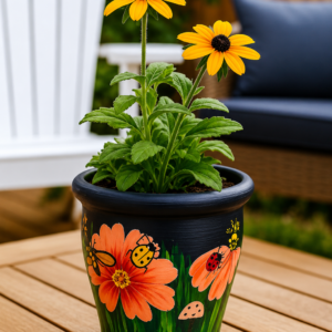 Hand-painted terracotta planter featuring orange flowers and ladybug motifs with a flowering plant