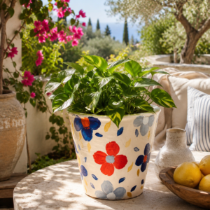 Hand-painted terracotta planter featuring colourful floral confetti pattern with blooming flowers and green foliage