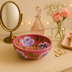 Hand-painted terracotta trinket bowl with purple floral design for rings, jewellery and small keepsakes