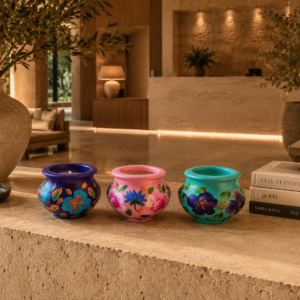 Set of three hand-painted terracotta candle pots in purple pink and turquoise floral designs