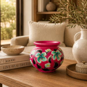 Hand-painted fuchsia pink terracotta pot with turquoise hibiscus flowers