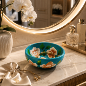 Hand-painted teal terracotta trinket bowl with cream and peach flower design