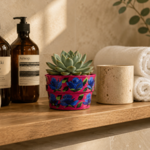 Hand-painted magenta terracotta mini planter with blue floral design
