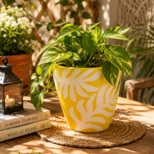 Yellow hand-painted terracotta planter with white botanical leaf pattern and indoor pothos plant