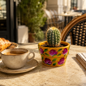 Hand-painted yellow terracotta planter with pink rose floral design