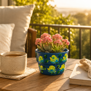 Hand-painted blue terracotta mini planter with yellow green floral design