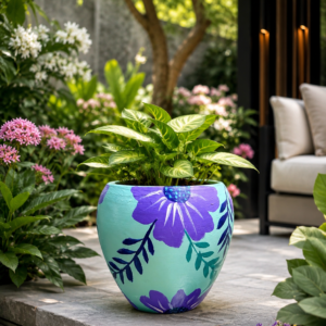Hand-painted blue terracotta planter with purple floral design for indoor and outdoor plants