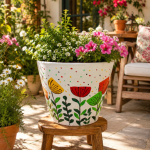 Hand-painted terracotta planter featuring colourful floral and botanical motifs displayed with blooming flowers