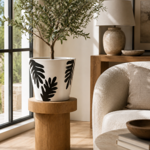 Hand-painted white terracotta planter with black palm leaf design displayed indoors with a green plant