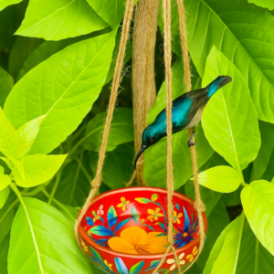 Hand-painted terracotta hanging bird bowl with floral design and natural rope for garden decor