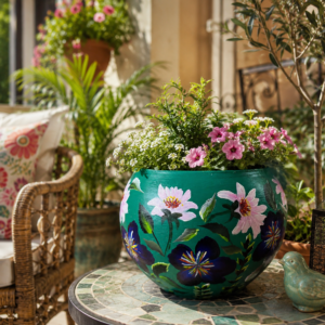 Hand-painted terracotta pot featuring white flowers and peacock-inspired foliage, styled as an indoor decorative planter