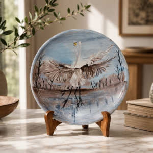 Hand-painted decorative plate featuring a white crane by a lakeside landscape with soft blue and grey tones