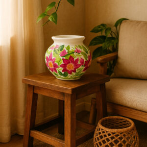 Hand-painted terracotta pot with colourful floral design for home decor