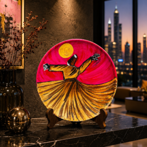 Decorative terracotta plate featuring a golden dervish design