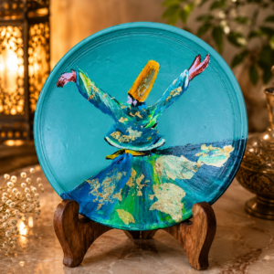 Hand-painted blue Sufi terracotta decorative plate with whirling dervish design