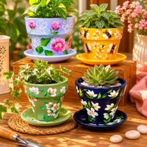 Collection of four hand-painted 7-inch terracotta planters with matching saucers featuring floral and bee-inspired designs