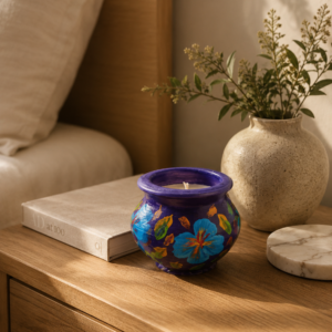 Hand-painted purple terracotta candle pot with blue hibiscus floral design