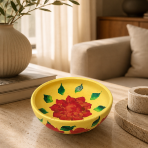 Hand-painted yellow terracotta trinket bowl with red flower design