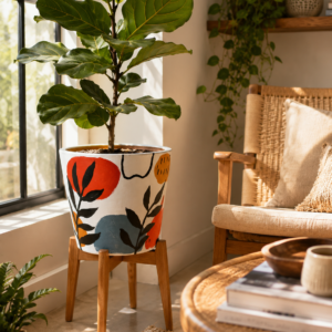 Hand-painted terracotta planter featuring abstract leaves and warm sun-inspired colours displayed with a green indoor plant