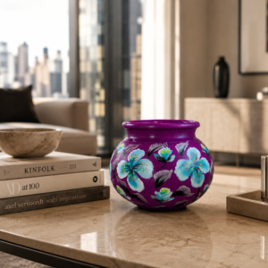 Hand-painted purple terracotta pot with turquoise flowers