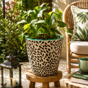 Hand-painted terracotta planter featuring a scattered seed pattern in black and white with a green indoor plant