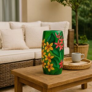 Hand-painted terracotta vase with tropical flowers and foliage design