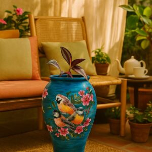 Hand-painted blue terracotta vase featuring songbirds and floral motifs