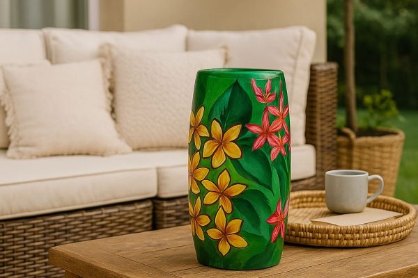 Hand-painted terracotta vase with tropical flowers and foliage design